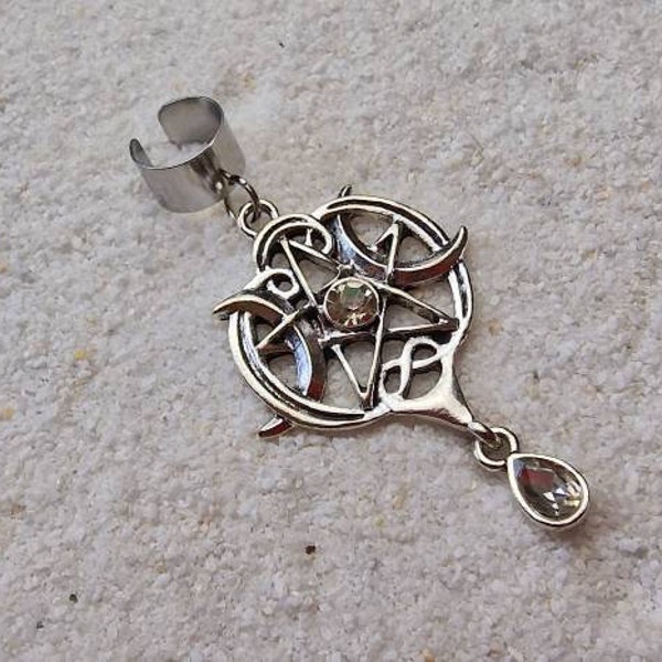 WITCHCRAFT SIGIL Ear Cuff with large jewelry pendant, emblem with pentagram and crescent moon