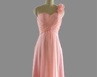 Flowers One Shoulder Floor Length Chiffon Bridesmaid Dress Wedding Party Dress, Long Chiffon Formal Dress