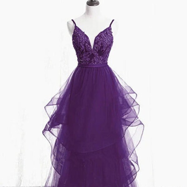 4610720 Purple Tiered Tulle Sleeve Dress