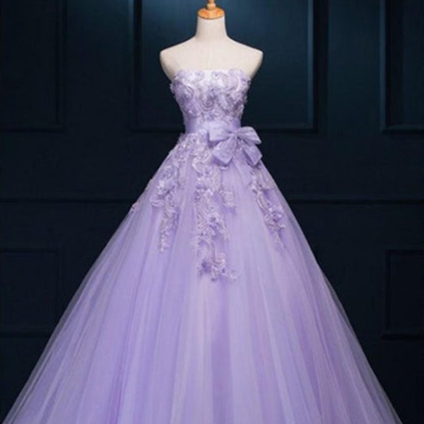 Strapless Floor Length Flowers Appliques Tulle Prom Dress Sweet 16 Dress Quinceanera Dress Ball Gown Fairy Gown Princess Dress Evening Dress