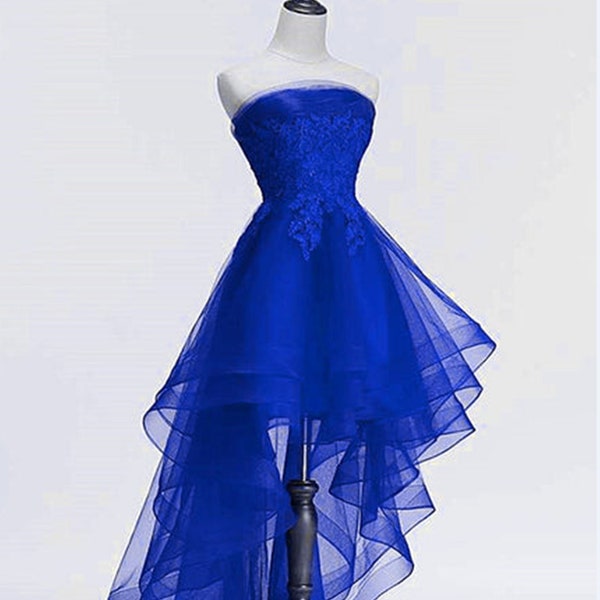 Strapless Lace Up Back Short High-Low Lace Appliques Tulle Cocktail Dress Formal Evening Dress Ball Gown Homecoming Dress