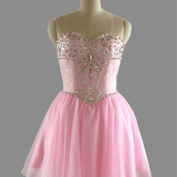 Sweetheart Beads Pink Lace Short Length Tulle Skirt Prom Dress Evening Party Dress Homecoming Dress Girls Cocktail Dress