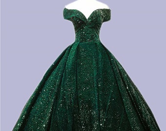 Dark Green Sequins Off Shoulder Ball Gown Sweet 16 Dress, Dark Green Floor Length Prom Dress with Sweep Train