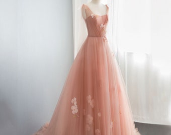 Straps Flowers Floor Length Tulle Prom Dress, Long Lady Girl Princess Dress, Banquet Party Gown Fairy Gowns