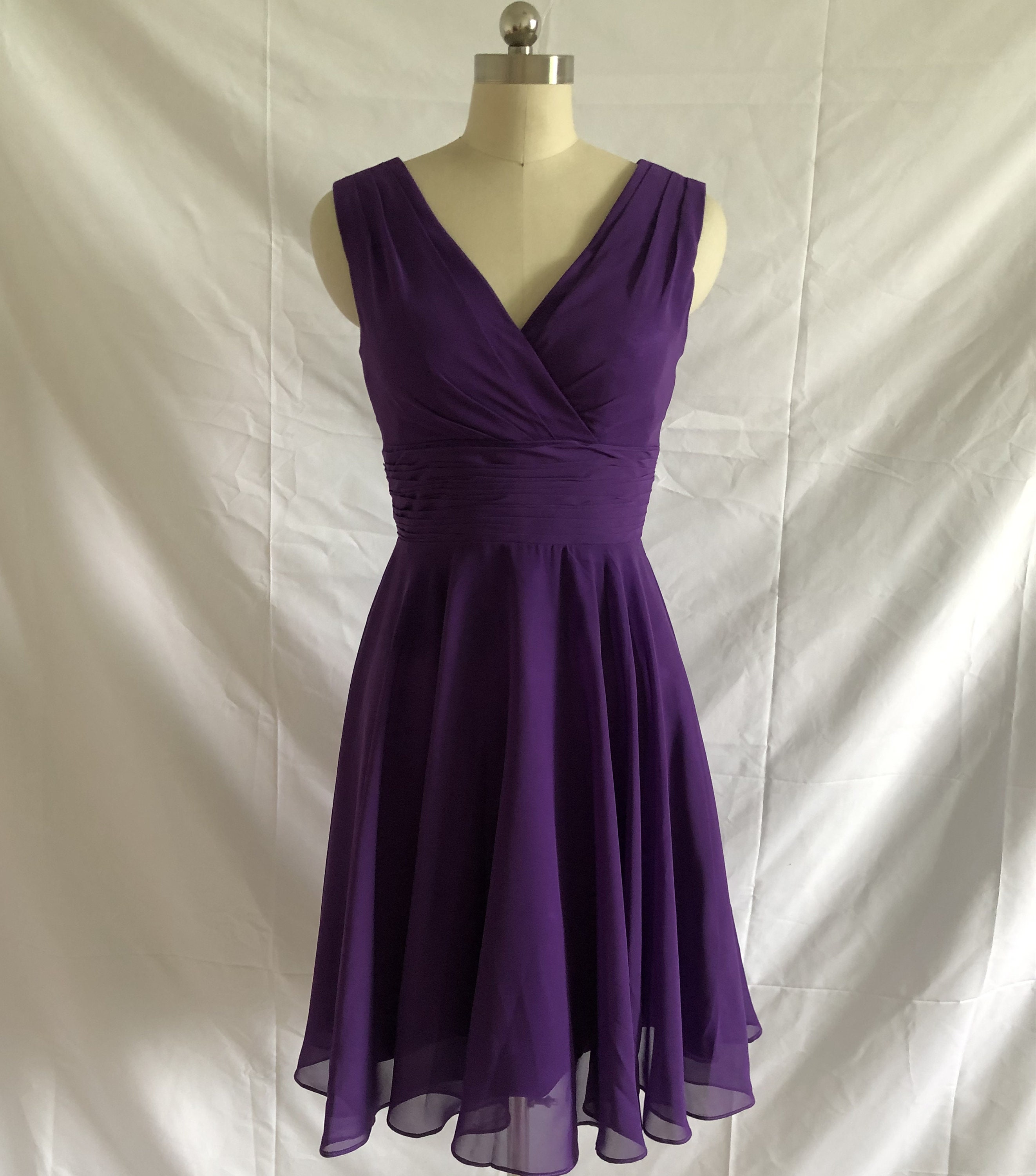 Straps V Neck Zipper Back A Line Knee Length Purple Chiffon - Etsy