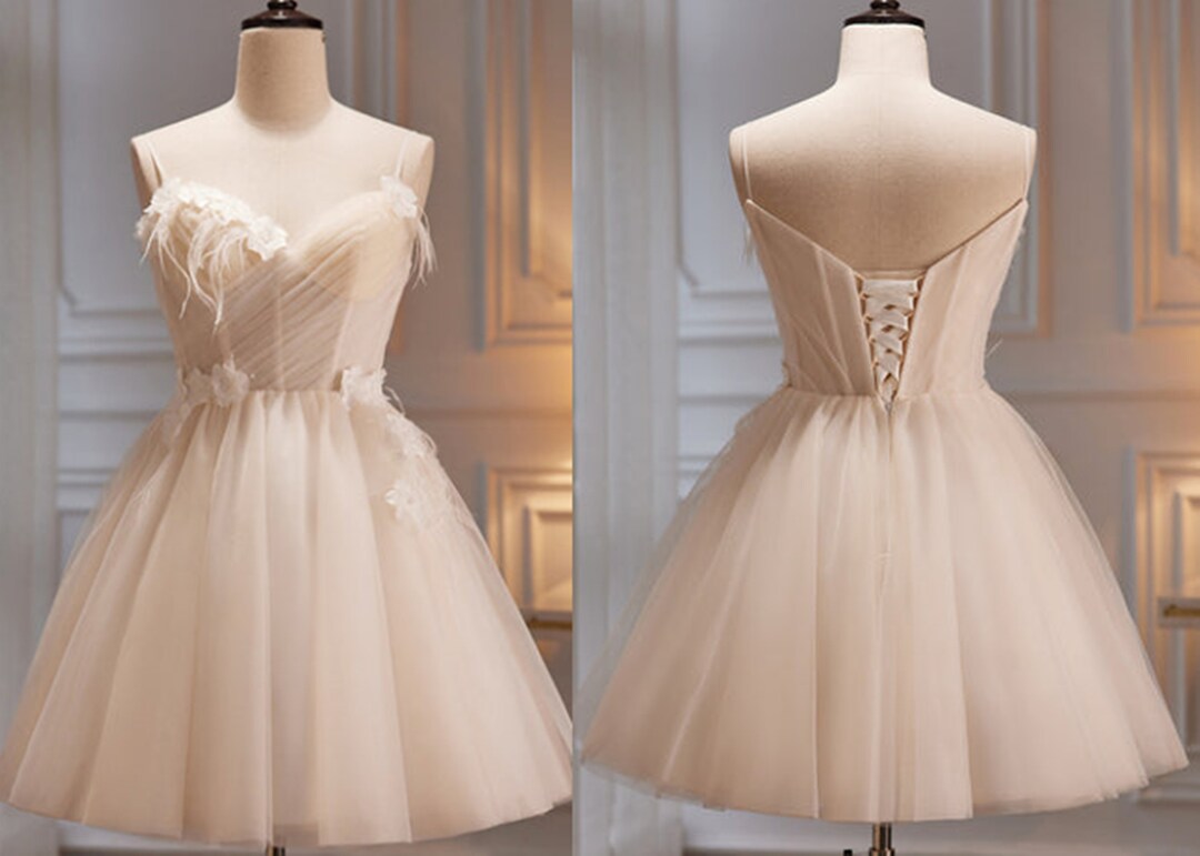 Elegant Spaghetti Straps V-neck Backless Tulle Flowers Short Homecoming Dresses Online, HD0730