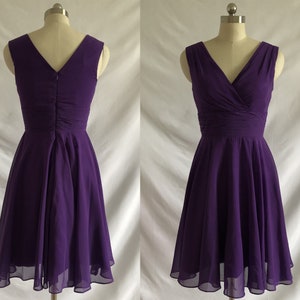 Straps V Neck Zipper Back A Line Knee Length Purple Chiffon Bridesmaid Dress, Short Wedding Party Dress, Formal Evening Dress Party Dress