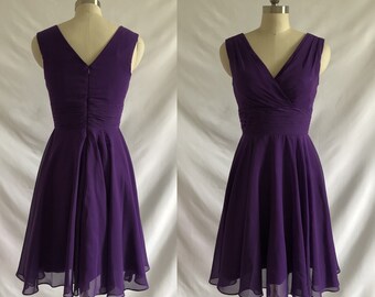 Straps V Neck Zipper Back A Line Knee Length Purple Chiffon Bridesmaid Dress, Short Wedding Party Dress, Formal Evening Dress Party Dress