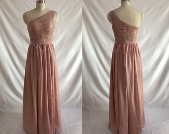 One Shoulder Floor Length Dusty Rose Lace Chiffon Bridesmaid Dress, Lace Evening Party Dress Prom Dress Wedding Party Dress Formal Dresses