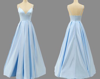 Slit Skirt Spaghetti Straps Sweetheart Light Sky Blue Satin Bridesmaid Dress Long Girl's Evening Dress Women’s Prom Ball Gown Formal Dress