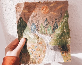 Original acrylic landscape painting on handmade paper | Eco-friendly and sustainably made with recycled materials