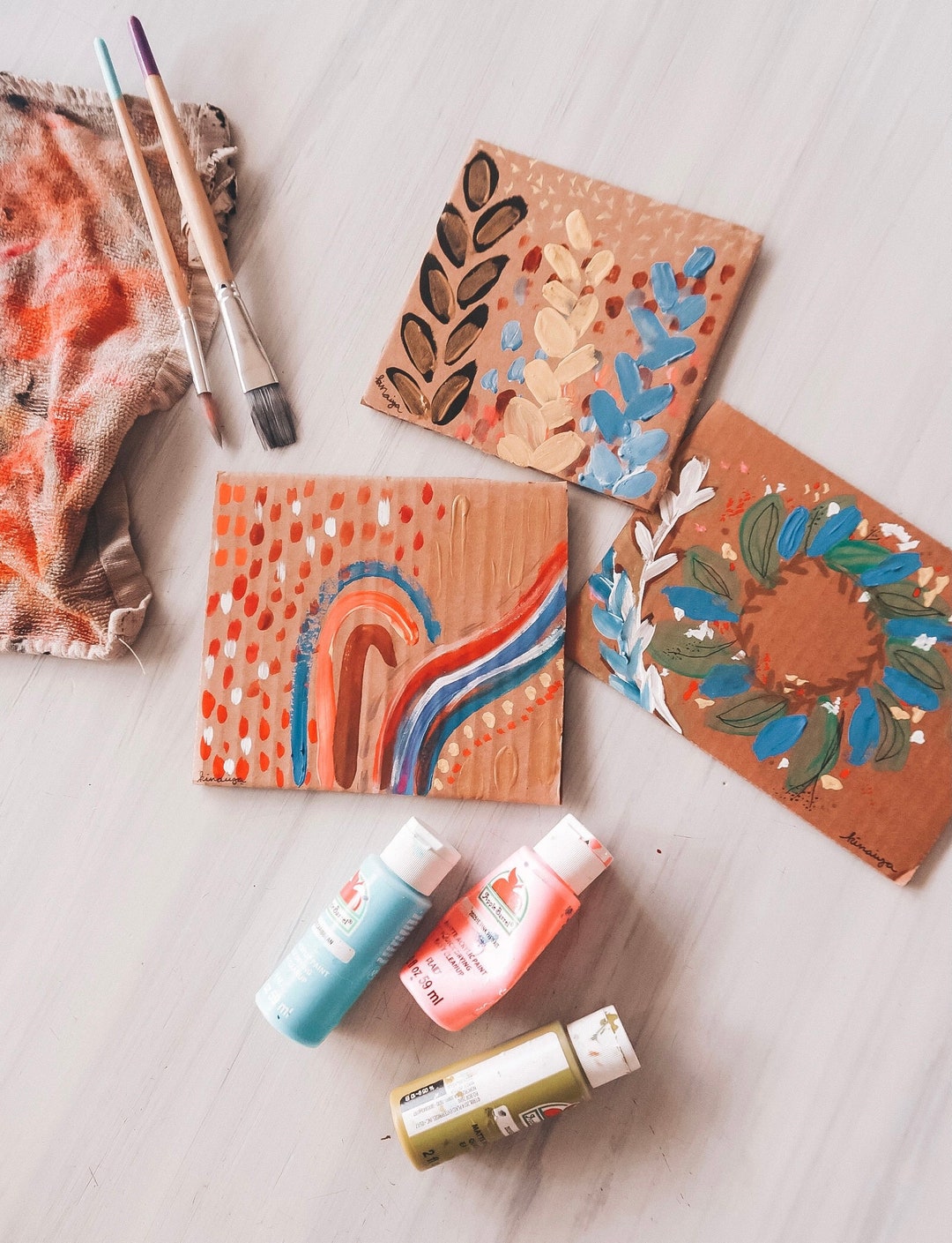 Textured Paintings on Recycled Cardboard, Boho Eclectic Abstract Home