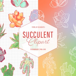Succulent Clipart | Full Color + Lineart