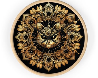 Gold Cat | Cat Lover Gift | Wood Cat | Mandala | Spirit animal Cat | Housewarming Gift Art Wall Clock