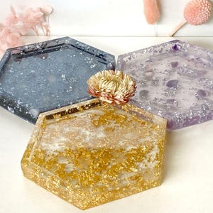 resin coasters / hexagon crystal trinket dish / crystal infused tray / gold GLITTER flakes / TWILIGHT theme / ash tray