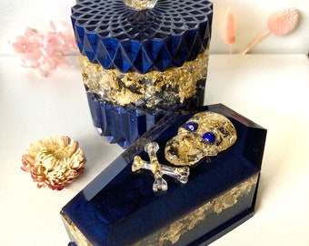 Resin Trinket w/ stone / Trinket Box with Lid / Skull / Gold GLITTER and flakes / Coffin trinket / CYLINDER / SPIKE / Lapis Lazuli