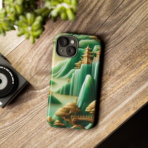 Asian Jade Carving Tough Case, Green Landscape Scenery Art Phone Case, Aesthetic Phone Cover / iPhone 15, 14, 13, 12, 11, Samsung Cases