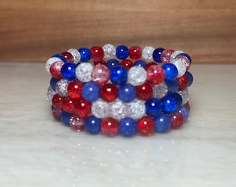 Red White Blue Beaded Bracelet, Patriotic USA Jewelry, Glass Bead Stacking Bracelets, Summer Accessories