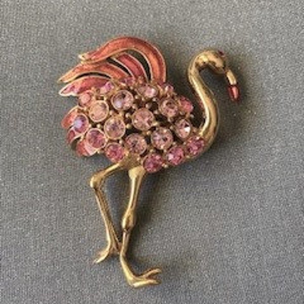 Rare broche vintage couronne Trifari signée flamant rose