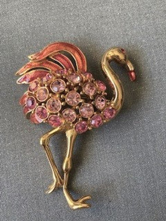 Rare Vintage Crown Trifari Signed Pink Flamingo B… - image 2