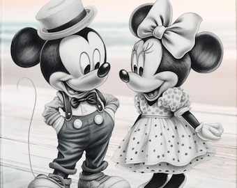 Transferencia DTF de pareja vintage de Mickey y Minnie, DTF de boceto de Mickey y Minnie, DTF de nostalgia de Minnie y Mickey, DTF de feliz día de San Valentín