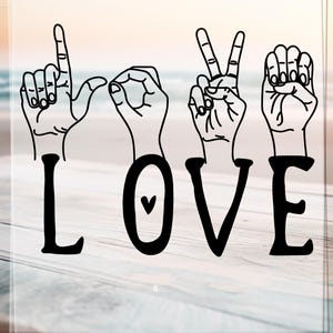 May include: A clear glass panel with the word "LOVE" spelled out in American Sign Language, with black line drawings of hands forming the letters. A small heart is in the letter "O". The background is a blurred beach scene.