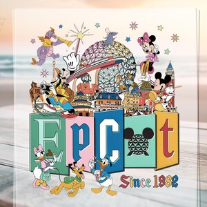 Disney Epcot World Traveler DTF Transfer, Epcot sedan 1982 Pressklar design, Disney familjesemester sublimering, Disney Epcot World DTF
