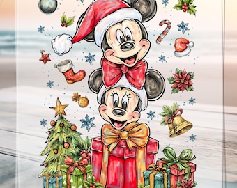 Transferencia DTF de pareja Mickey Minnie de Navidad de Disney, diseño retro Mickey Minnie Very Merry Xmas Party listo para imprimir, DTF de viaje familiar de Navidad