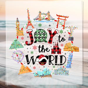 Könnte beinhalten: Ein klares, quadratisches Dekorationsobjekt mit dem Schriftzug "Joy to the World", umgeben von Illustrationen berühmter Wahrzeichen wie dem Eiffelturm und Big Ben. Das Design enthält Lichterketten und Schneeflocken.