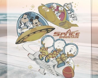 Transfert Dtf Space Mountain de Mickey et ses amis, design rétro pour enfants espace prêt à appuyer, astronaute Disney rigolo Dtf, feuille d'impression DTF