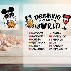 Könnte beinhalten: Dekoratives Schild mit dem Text "DRINKING AROUND THE WORLD" und Illustrationen im Mickey Mouse-Stil. Flaggen verschiedener Länder sind unten aufgeführt. Ein kleineres Bild zeigt Mickey Mouse mit einem Bierkrug.