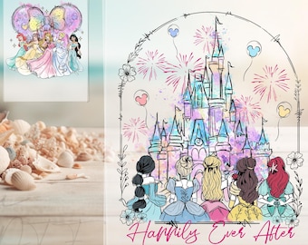 Disney Watercolor Princess characters Castle DTF Transfer, Girl Trip Ready to Press design, Back and Front Custom Princess Birthday Girl DTF