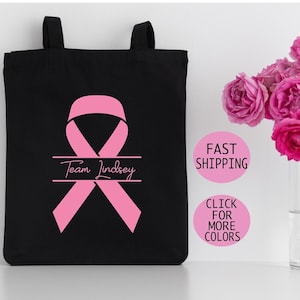 Personalized Breast Cancer Tote Bag,Pink Ribbon Canvas Tote,Custom Bag,Cancer Gif, Gift For Cancer Fighter,(Font 7 - 11 inch height, design)