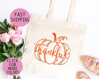 Personalized Thankful Pumpkin Canvas Tote Bag, Fall Thanksgiving Gift