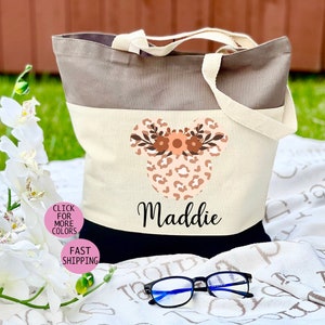 Minnie Leopard Canvas Bag,Custom Tote,Personalized Totes,  Disneyworld, Disney Tote Bag, Bridesmaids tote bag (Font- 3 no heart)