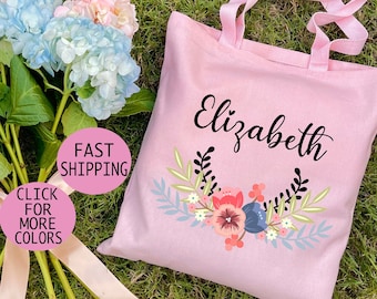Floral Personalized Canvas Tote Bag, Bridesmaid Gift