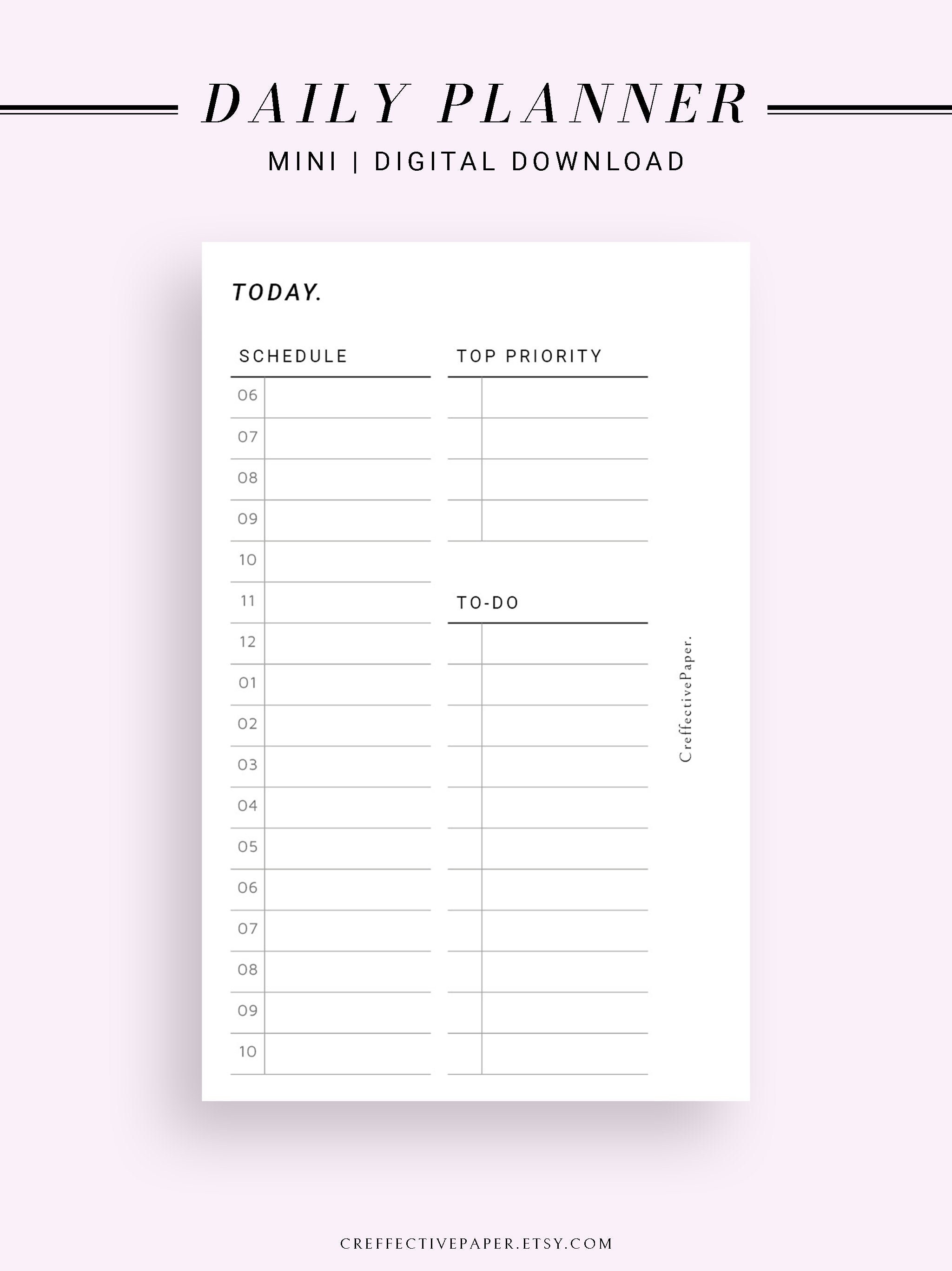Hourly Schedule Daily Mini Planner Inserts Printable Todo Etsy