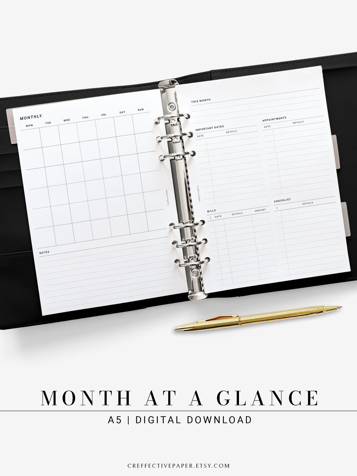 Month at a Glance Month on 2 Pages Monthly Planner Printable | Etsy