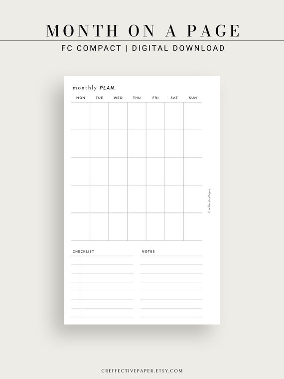 Month on a Page Printable Template Monthly Overview FCC | Etsy
