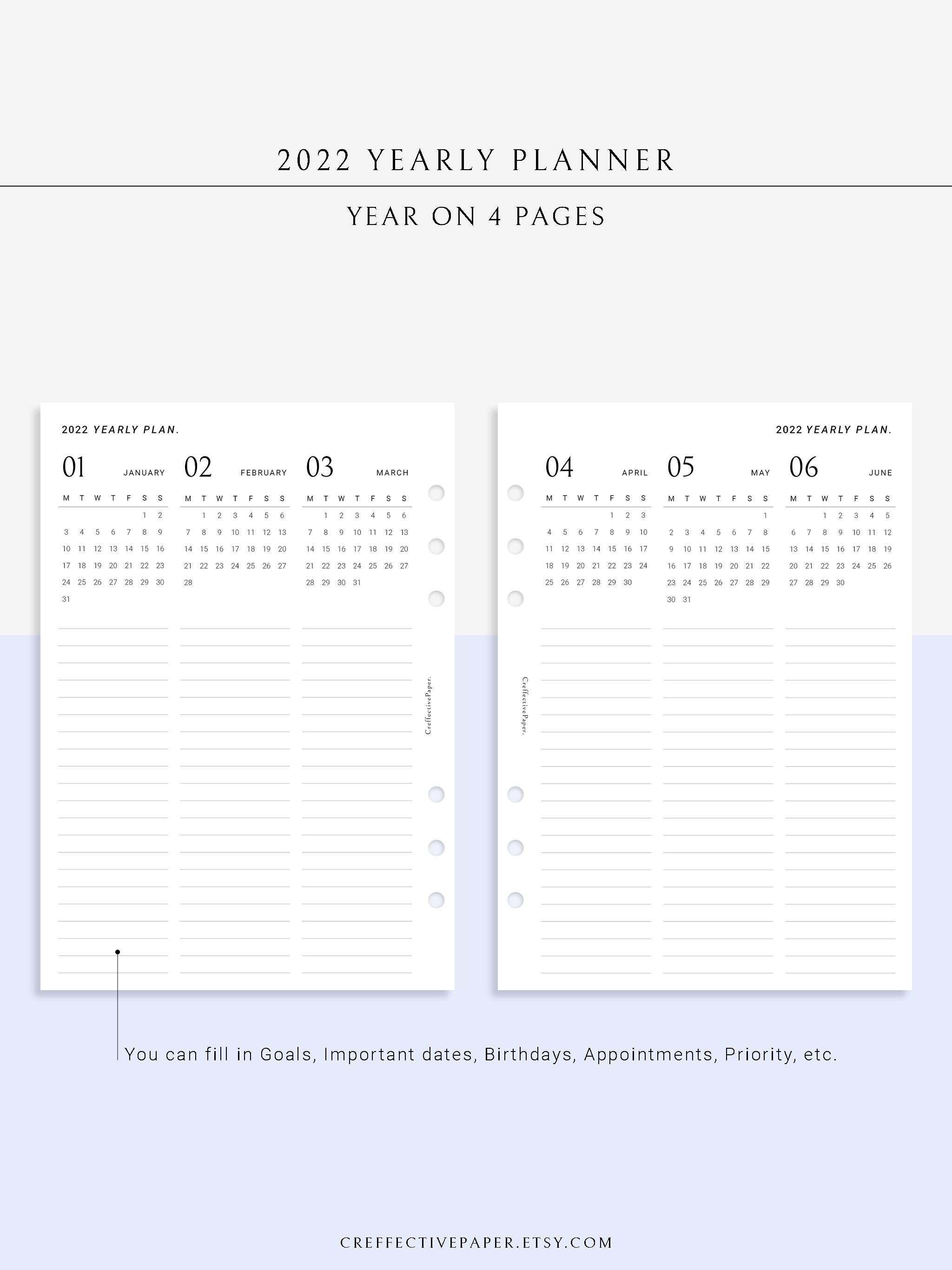 Jahresplaner Vorlage 2022 Datierte Kalendervorlage | Etsy