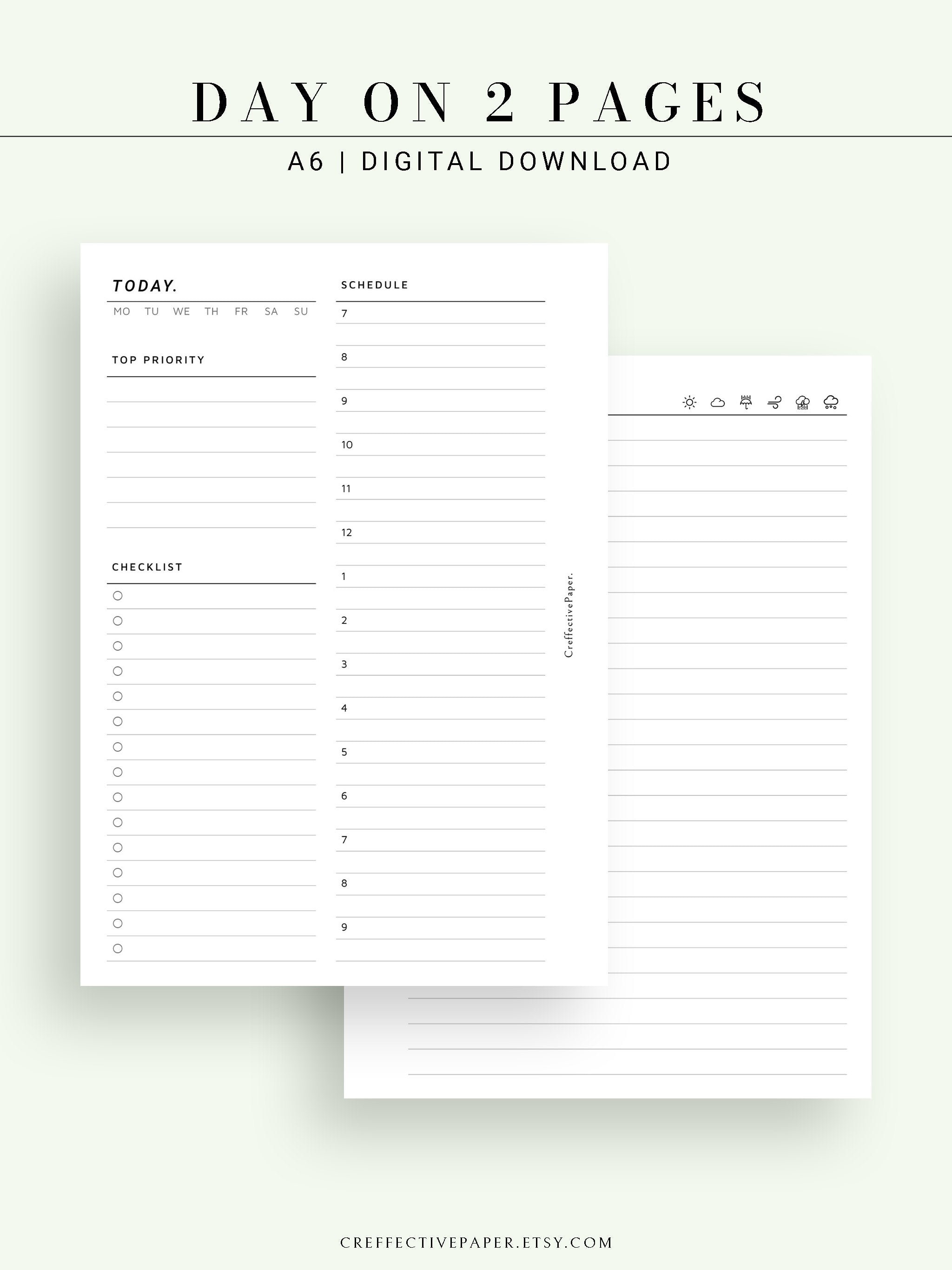 day on 2 pages daily planner printable template priority etsy