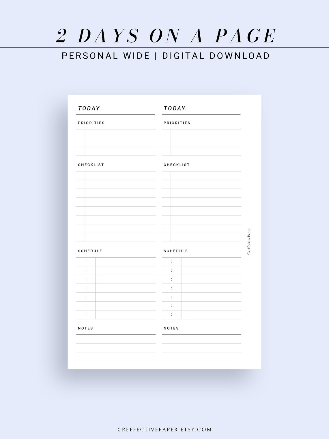Daily Planner Printable 2 Days on a Page Hourly Schedule | Etsy