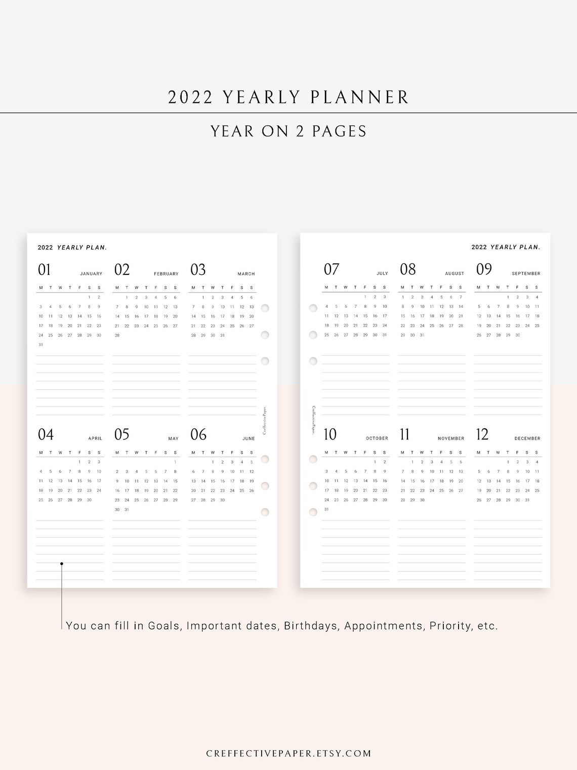2022 Yearly Planner Printable Yearly Calendar Template Year Etsy