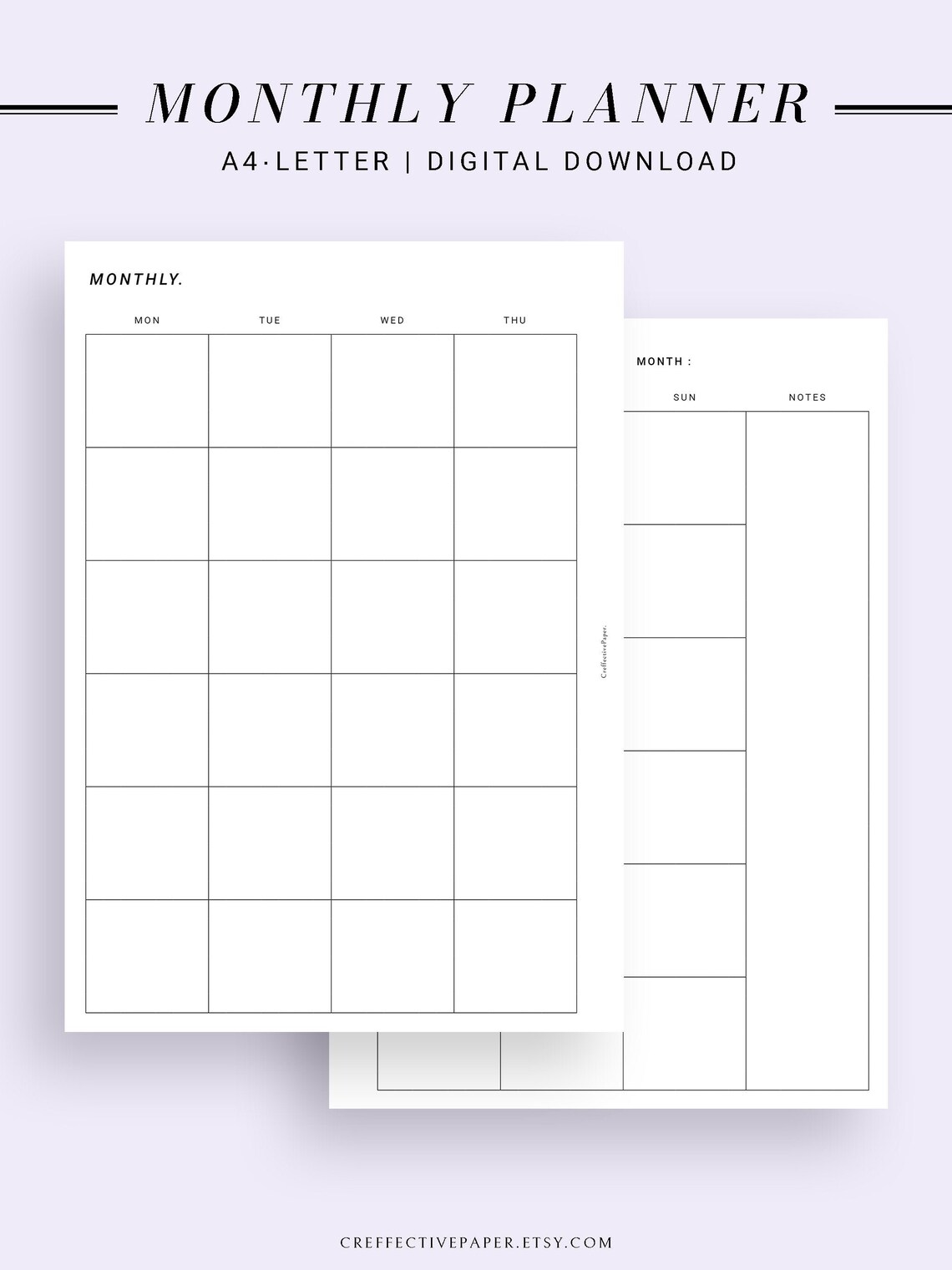 Monthly Planner Printable Template Calendar on 2 Pages | Etsy