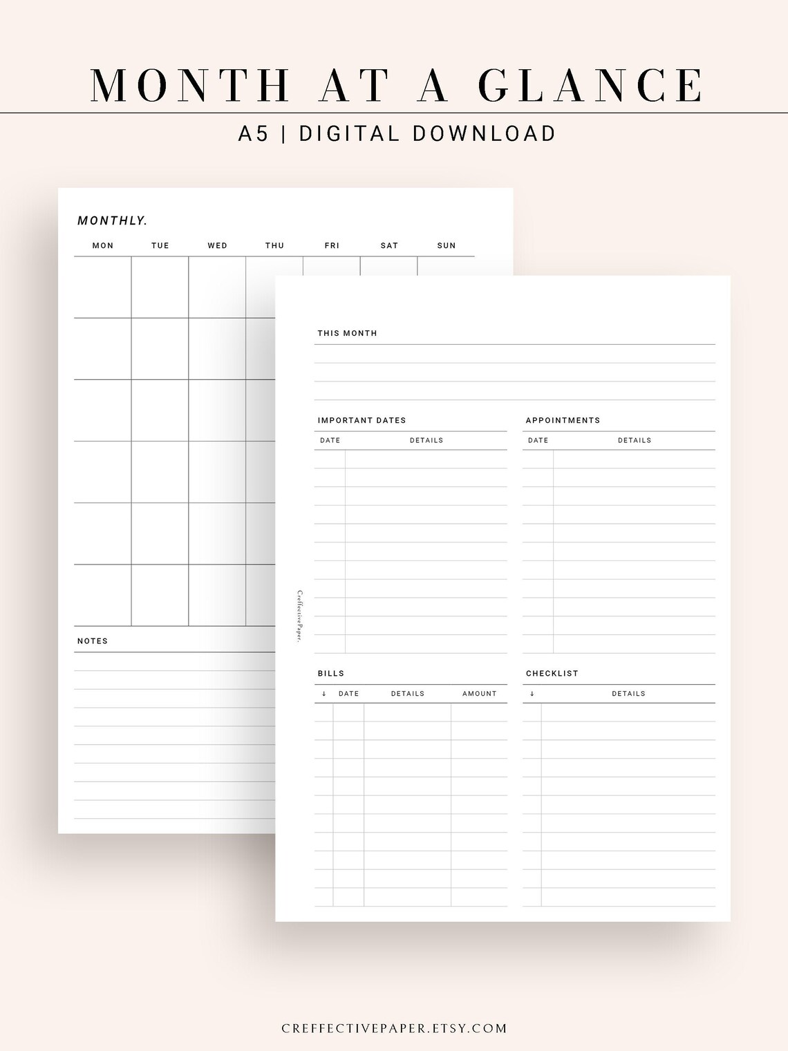 Month at a Glance Month on 2 Pages Monthly Planner Printable | Etsy