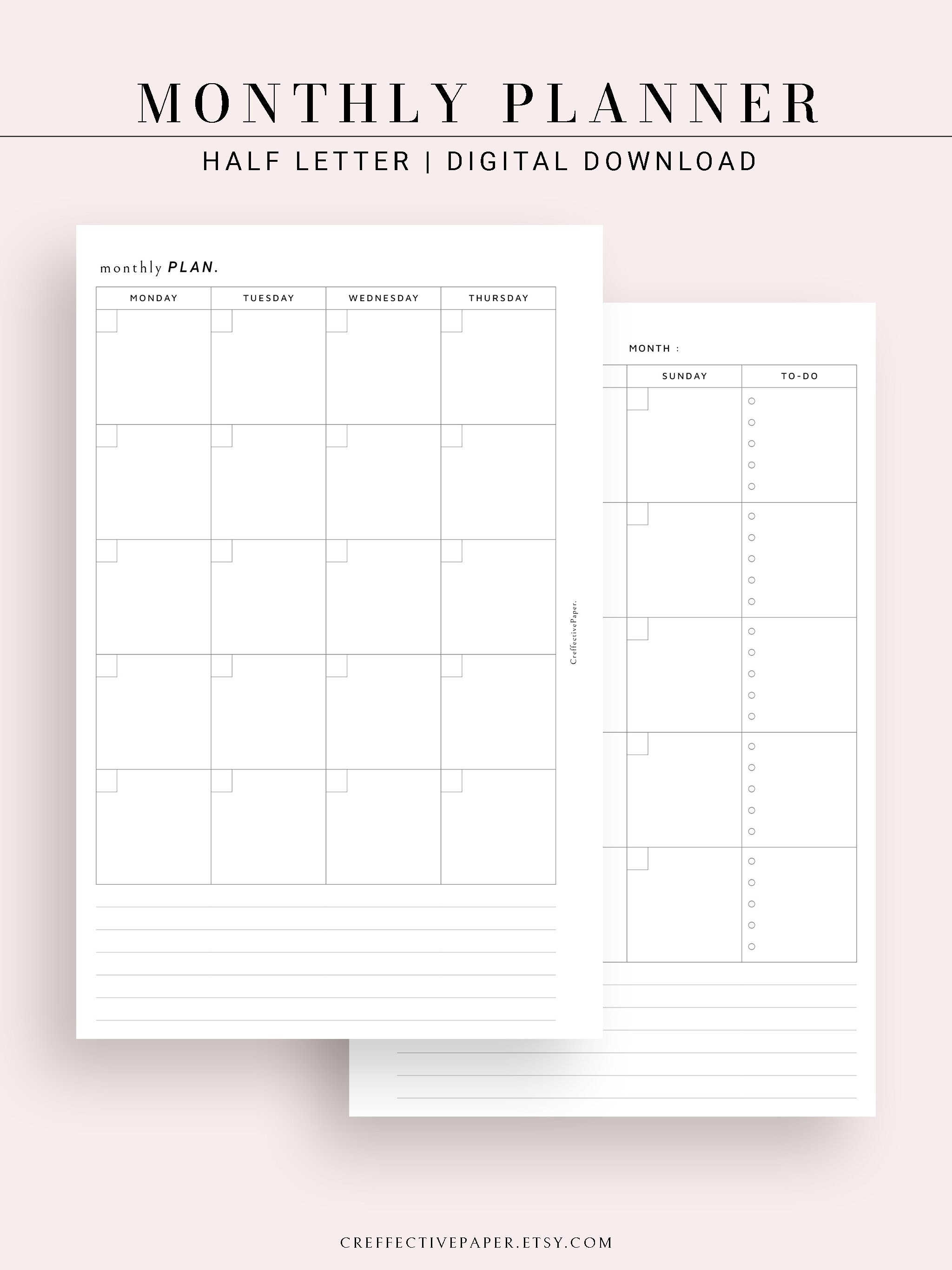 Printable Monthly Planner Inserts Template Month at a Glance Etsy