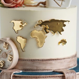 World map cake decor with airplane World map cake decoration Weltkarte für Torte Gold Cake Weltkarte Plexi gold World map image 1