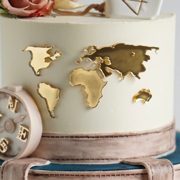 Decorazione torta mappamondo con aeroplano | Decorazione torta mappamondo | Weltkarte für Torte | Torta d'oro Weltkarte | Mappa del mondo in plexi oro