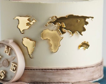 World map cake decor with airplane | World map cake decoration | Weltkarte für Torte | Gold Cake Weltkarte | Plexi gold World map