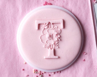 Floral T Letter embosser, cookie biscuit stamp, cake decorating, fondant icing.